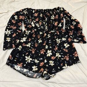 High‑Waist Off‑Shoulder Floral Romper • Black • Size XL • EUC